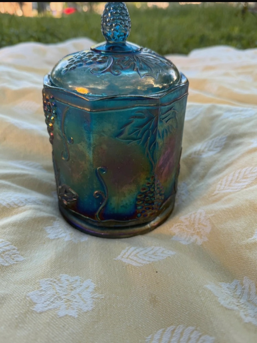 Iridescent Blue Carnival Glass Lidded Candy Jar - Home Accents